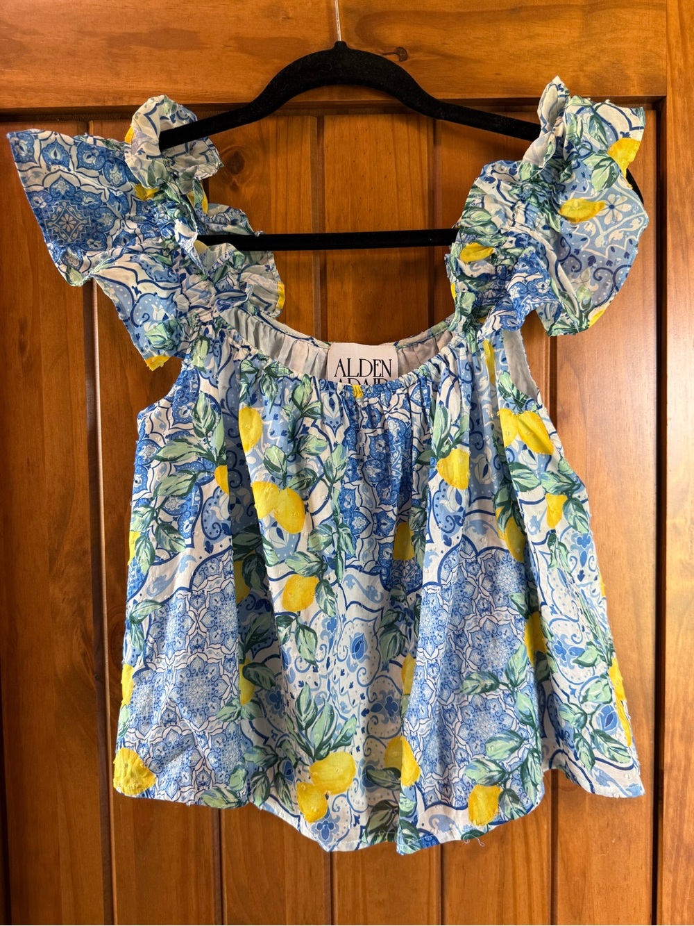 Alden Adair Lemon Print Ruffle Sleeve Top - Blue & Yellow